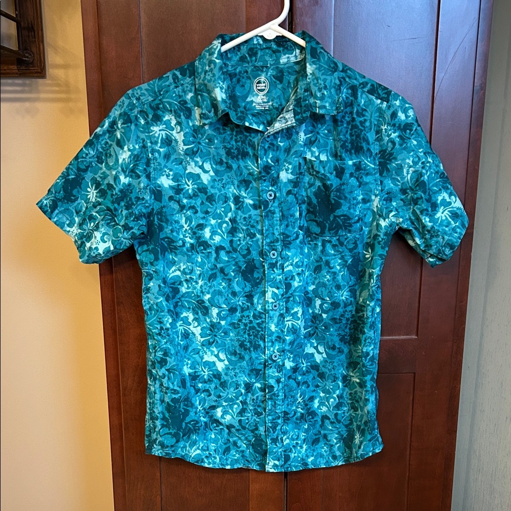 Teal Green Blue Hawaiian Floral Short Sleeve Shirt - YXL